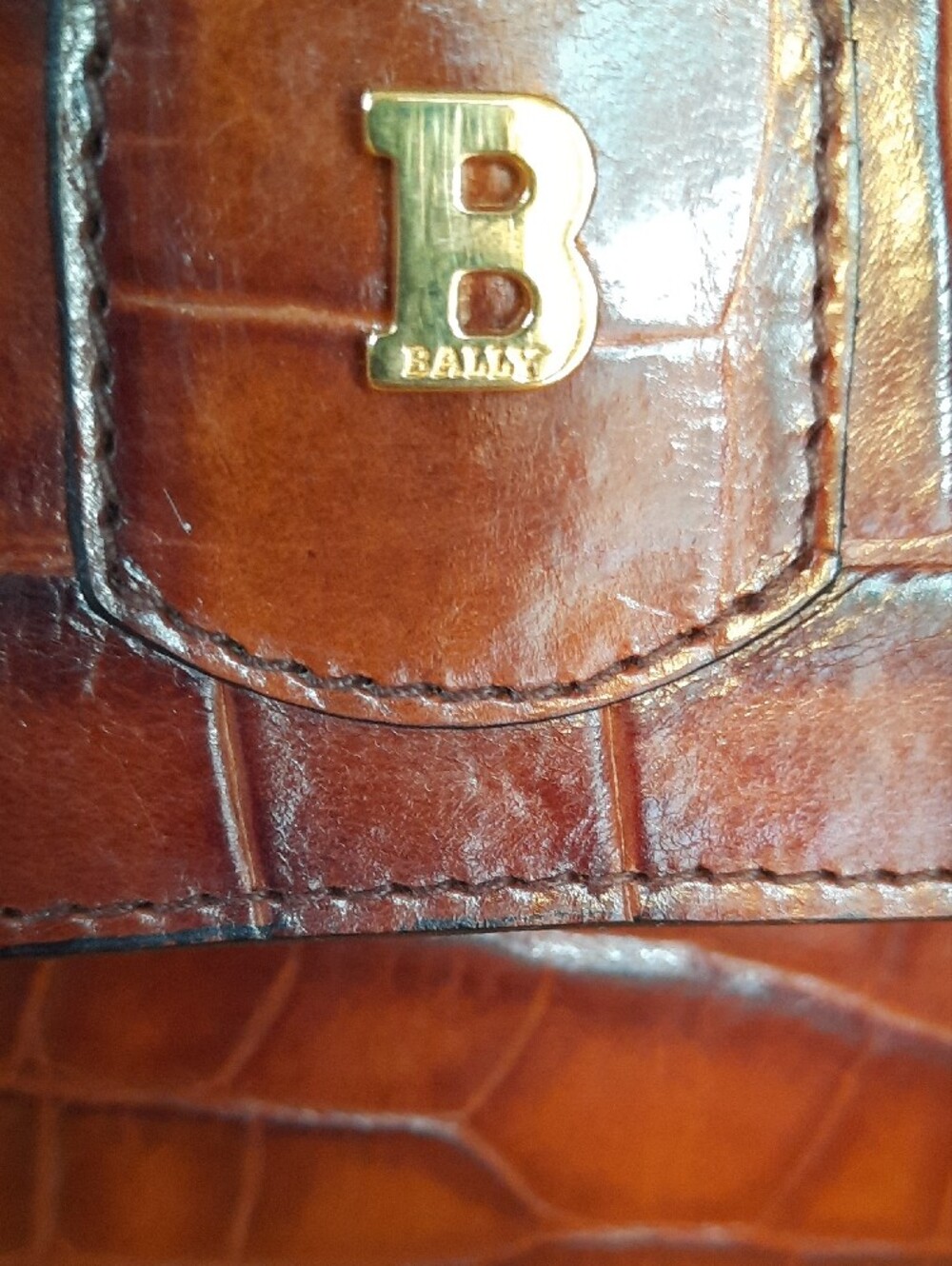 Bally Brown Croc-Embossed Leather Top-Handle Satchel with 'B' Accent - Picture 2 of 14